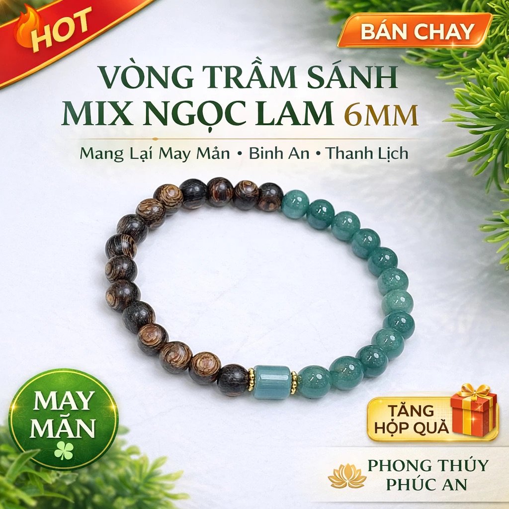 Vòng Trầm Sánh Mix Ngọc Lam 6mm – Thanh Lịch, Bình An, May Mắn ✨
